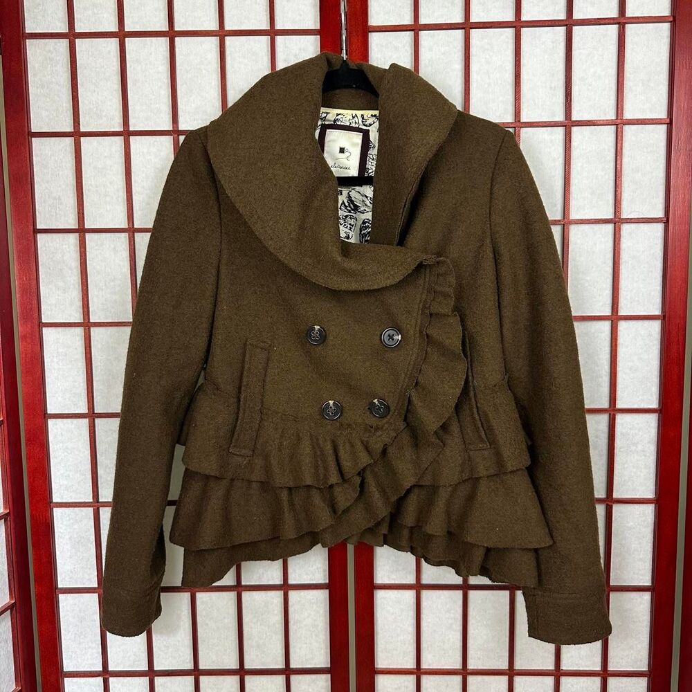 Anthropologie Elevenses Wool Blend Brown Ruffle Pea Coat Twee 6
